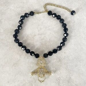 Heidi Daus Statement Necklace Black Gold Lion Doorknocker Beaded Adjustable